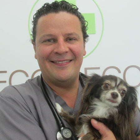 Dr. Andre Yev holding a tiny fluffy black and white dog